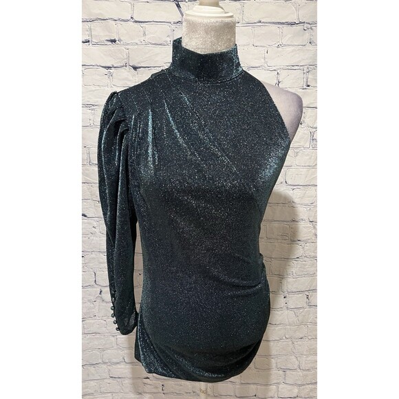 NWT Choosy Blue Shimmer One Sleeve Stretch Ruched Side Mini Bodycon size small - Picture 2 of 9